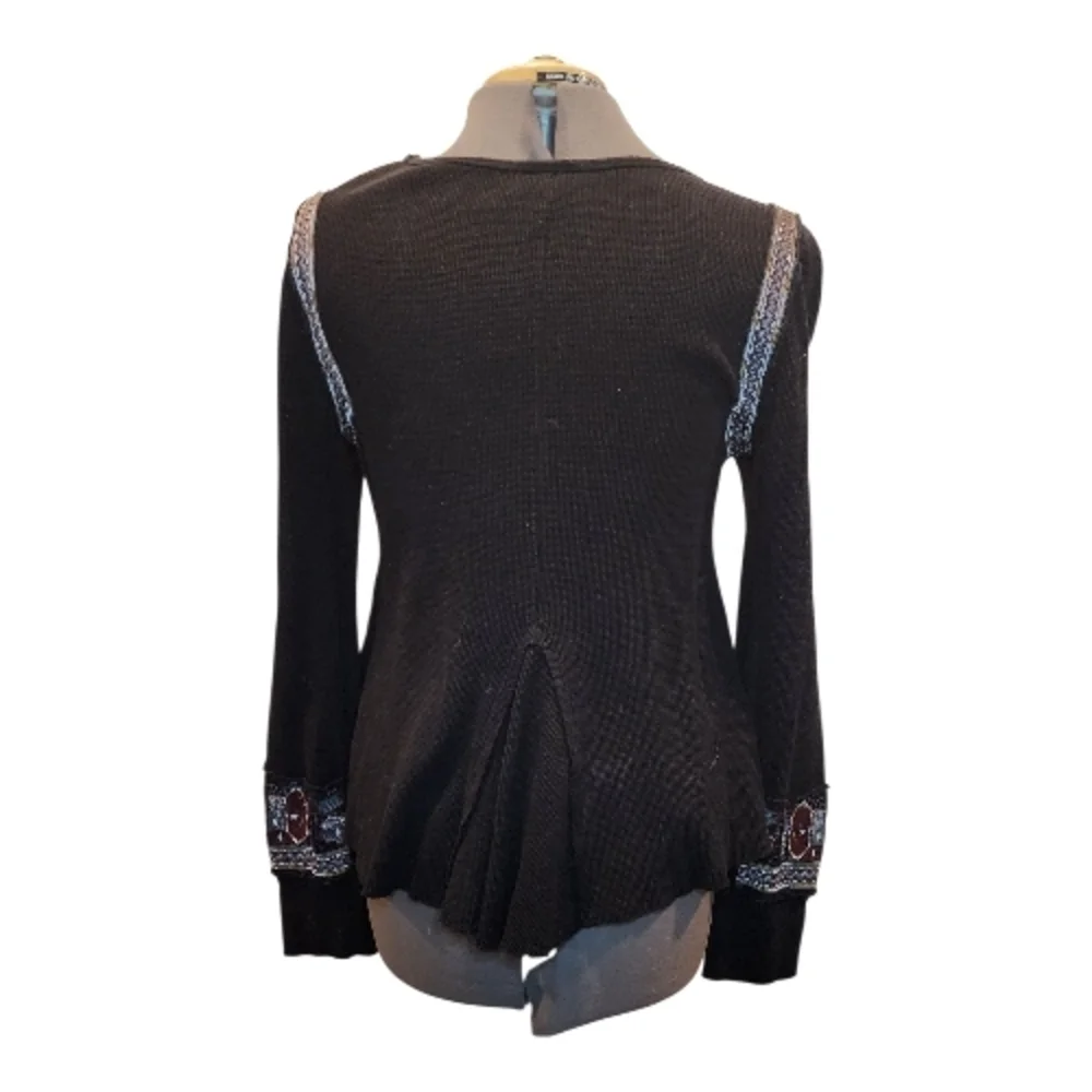 Free People Marion Black and Burgundy Embroidered Thermal Long Sleeve Top Large - Picture 5 of 7